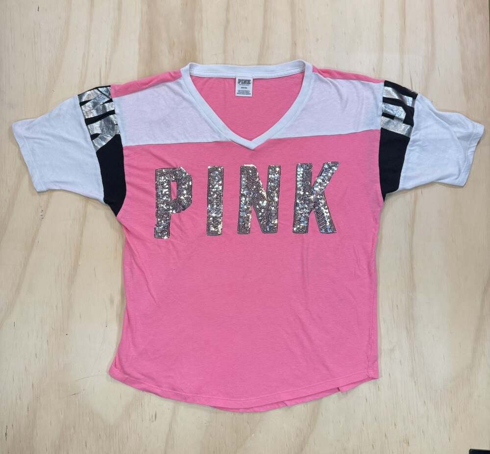 Victoria's Secret Pink Bling Silver Sequins T-Shirt Top M Vintage